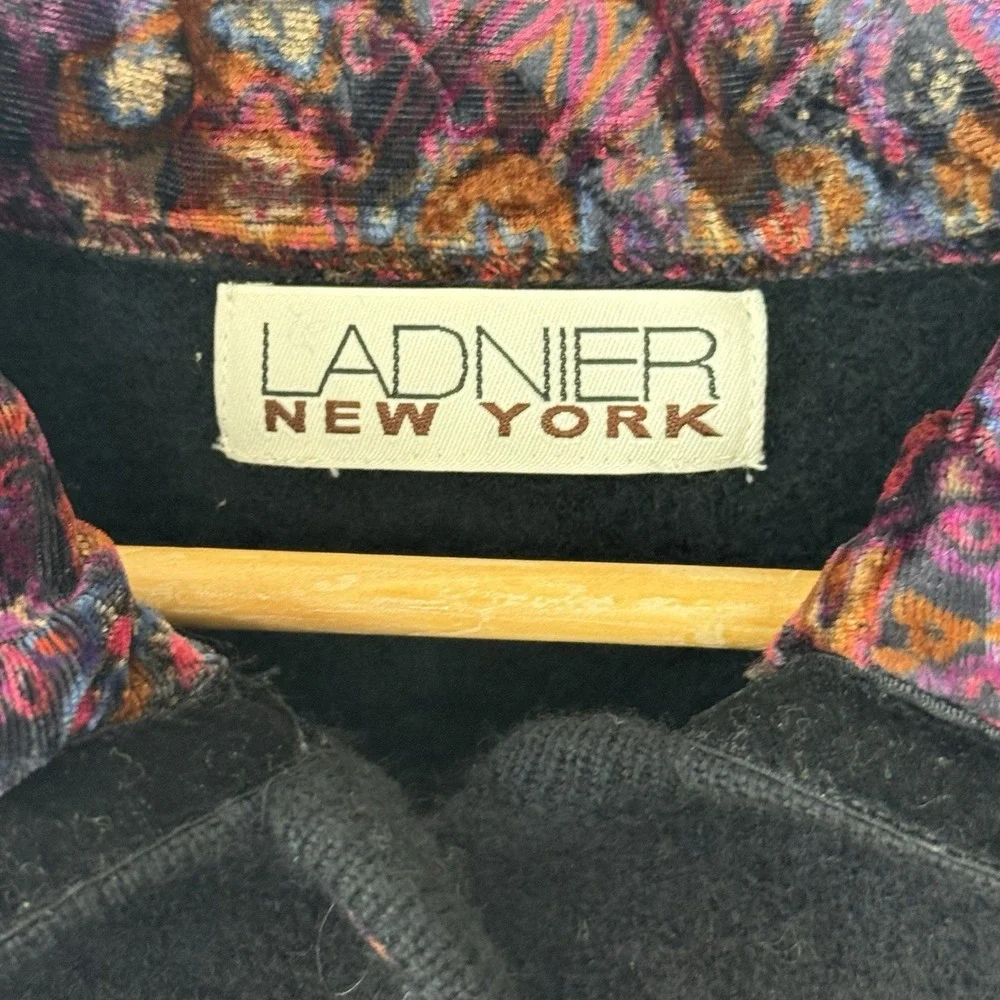 Vintage Ladier New York Artsy Black Coat with Colorful Patterned Collar Cuffs M